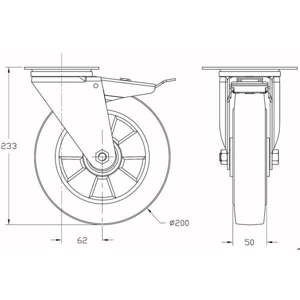 Roulette - Sæt af 4 - 200mm - Sort elastisk gummi - Bremse og fastlåse Svart