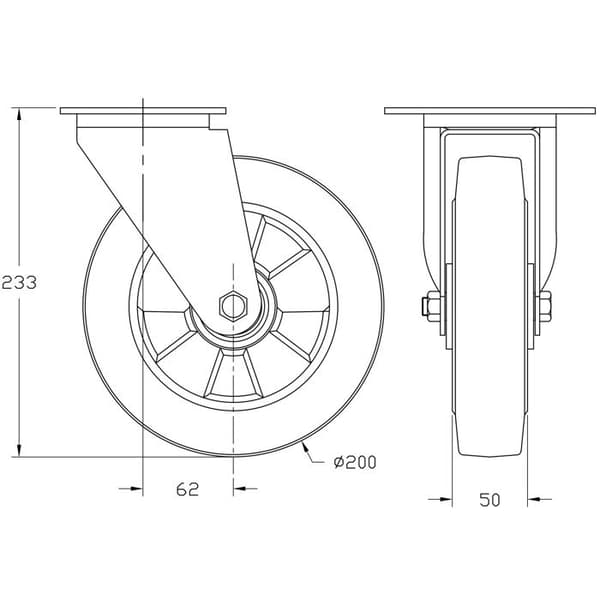 Roter hjul - 200mm - Sort elastisk gummi - Sæt af 2 - Kapacitet 350kg Svart