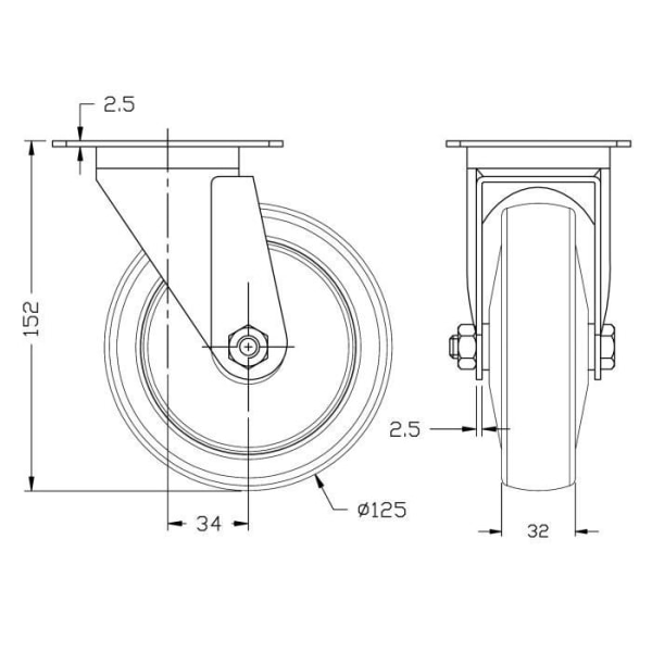 125 mm grå gummihjul - Set med 4 - 520 kg Kapacitet Grå