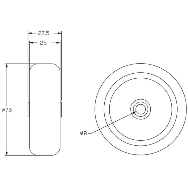 Hjul - Sæt med 2 - Diameter 75mm - Kapacitet 120kg - Grå gummi Grå