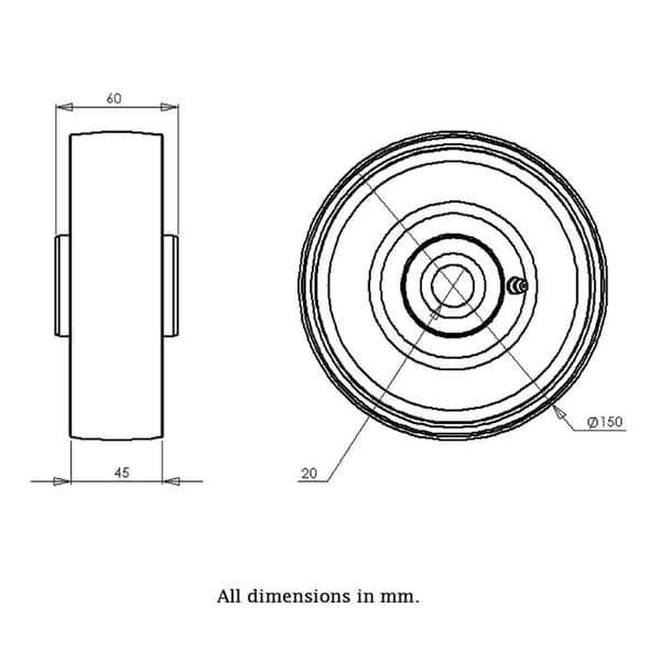 Pyörä - Valukappale - 150 mm - Harmaa väri - Teräksinen laakerikotelo Grå