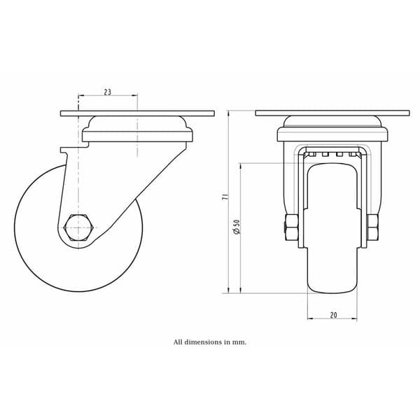 Roulette - Rustfrit stål - 50mm - Grå gummi - Drejbar - 40kg max Grå