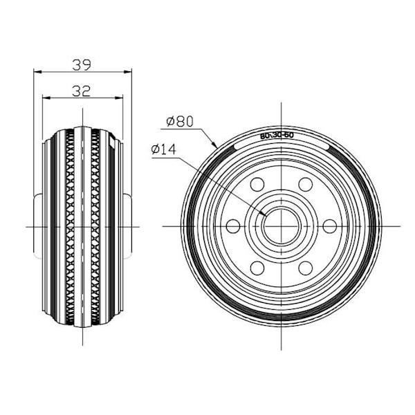 Svart gummihjul 80 mm - Set om 4 - Lastkapacitet 70 kg Svart