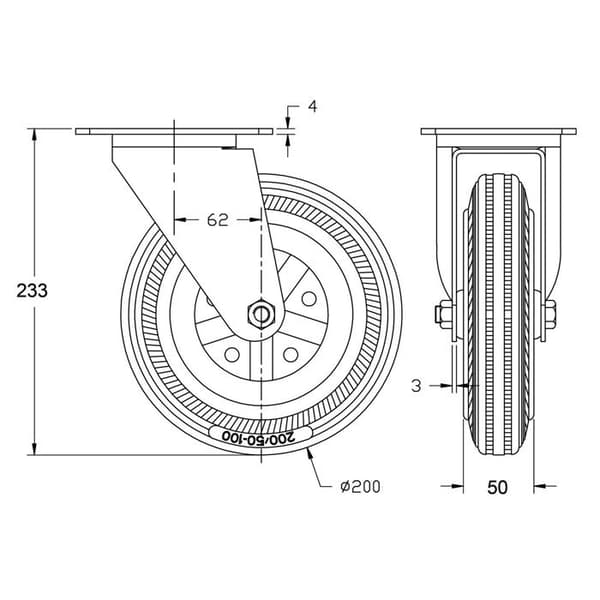 Roulette - Sæt af 4 - Sort gummi 200mm - Kapacitet 800kg - Drejbar Svart