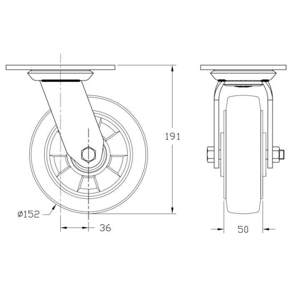 rakennustyömaalaitteet 152mm 6" musta kumi kiinteä kääntyvä pyörä, raskaaseen käyttöön 1320kg kapasiteetti, 4 kpl