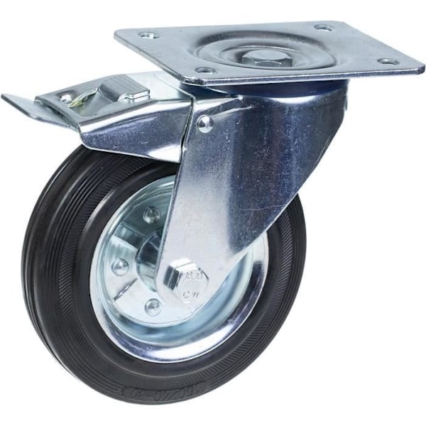 Hjul med broms - 200mm - Svart - Stål - Svängbar - Maximal belastning 150 kg Svart