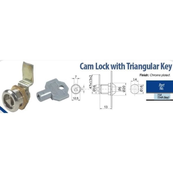 Kamlås med triangulär nyckel - IBFM - Krom camlock - Perfekt för skåp Krom