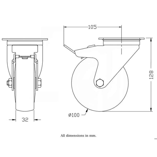 Svänghjul - 100mm - Grå gummi - Broms - Kapacitet 110kg Grå