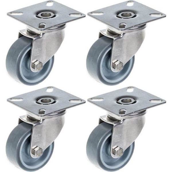 Kääntyvät ruostumattomasta teräksestä valmistetut pyörät, 50mm, harmaa kumi, 160kg, 4 kpl sarja Grå