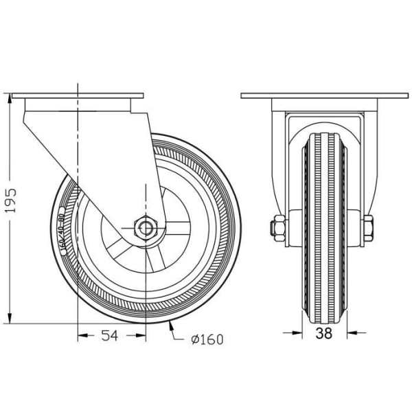 160 mm 6" grå gummihjul i rustfrit stål, drejelige, 135 kg