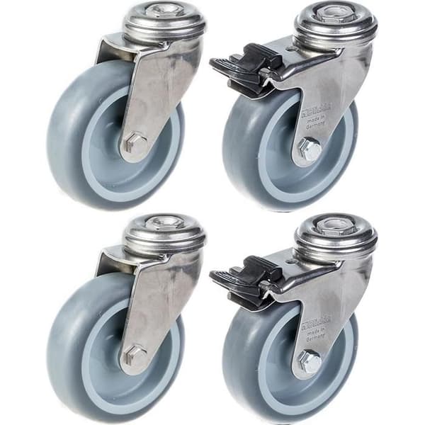 Rullager - Inox - 75mm - Set om 4 - Svängbara - Broms - Belastning 60kg Grå