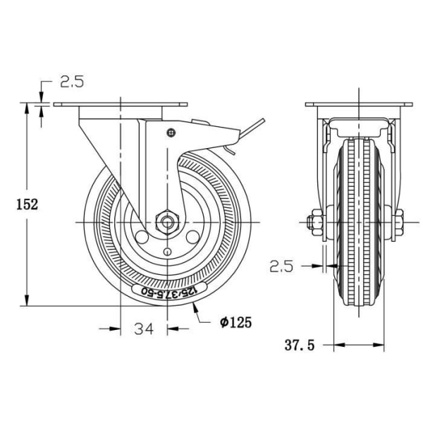 byggarbetsplatsutrustning 125 mm 5" svängbart gummidäck med broms, 480 kg stark kapacitet, set om 4