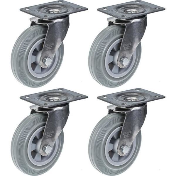 Grå gummihjul 160 mm 6" i rostfritt stål, svängbar, 540 kg, set om 4 - Byggplatsmaterial Grå