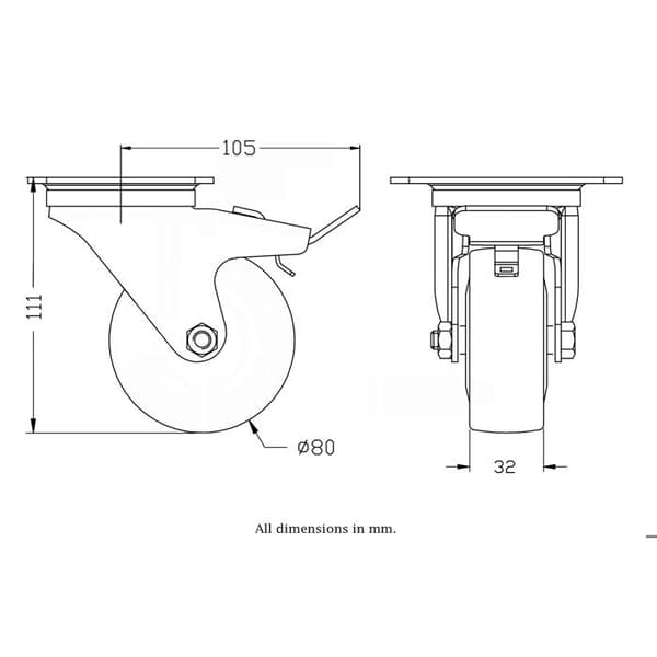 80 mm 3" pyörä kumilla Grå
