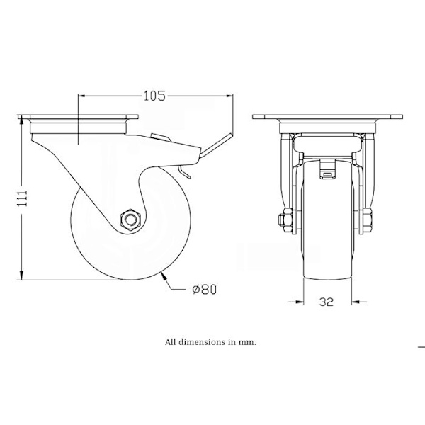 Rullett med 80 mm 3" med däck i Grå