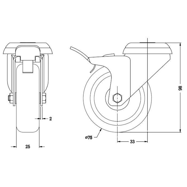 Hjul - Grå - 75 mm x 25 mm - Vridbar - Broms - Kapacitet 120 kg - Set om 2 Grå