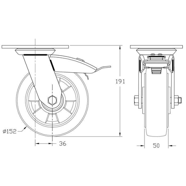 Svart gummihjul med broms 152 mm - Set om 4 Svart