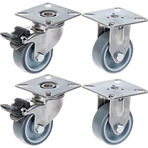 Rullager - Inox - 50 mm - Grå gummi - Broms - Fasta och svängbara - Set om 4 Grå