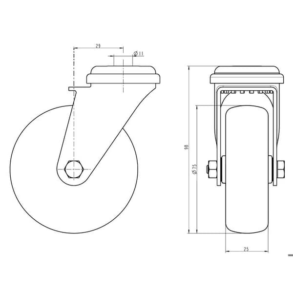 Rullager - Inox - 75mm - Set om 4 - Svängbara - Broms - Belastning 60kg Grå