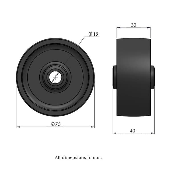 Hjul - COLSON - 75 mm - Gummi - Sort - Lav rullemodstand Svart
