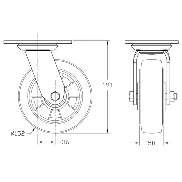 Roulette Gummi Sort Stærk Pivot 152mm - Sæt Af 2 Svart