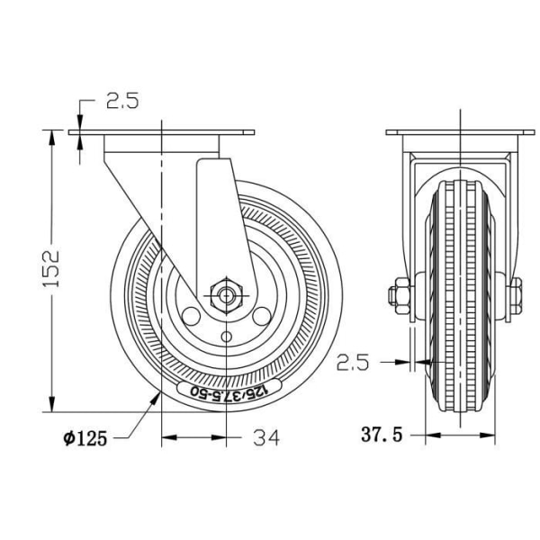 Sort gummihjul - Forzinket - 125 mm - Rullemodstand - Lav støj - Bevaring Svart