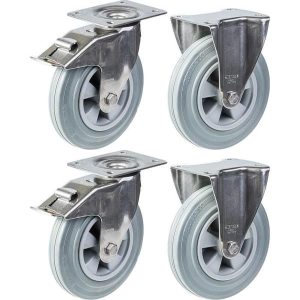Svängbara hjul - PARNELLS - 200 mm - Rostfritt stål - Grå gummi - 4-pack Grå