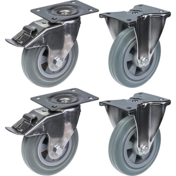 byggarbetsplatsutrustning Rostfria hjul 160 mm 6" i grått gummi, broms och fast, 540 kg, set om 4