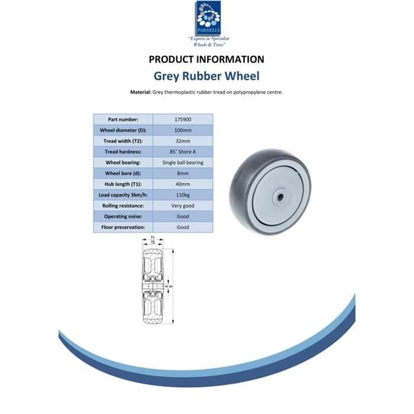 Hjul - ZHONGSHAN - 100 mm - Grå gummi - Plastcentrum - Kullager Grå
