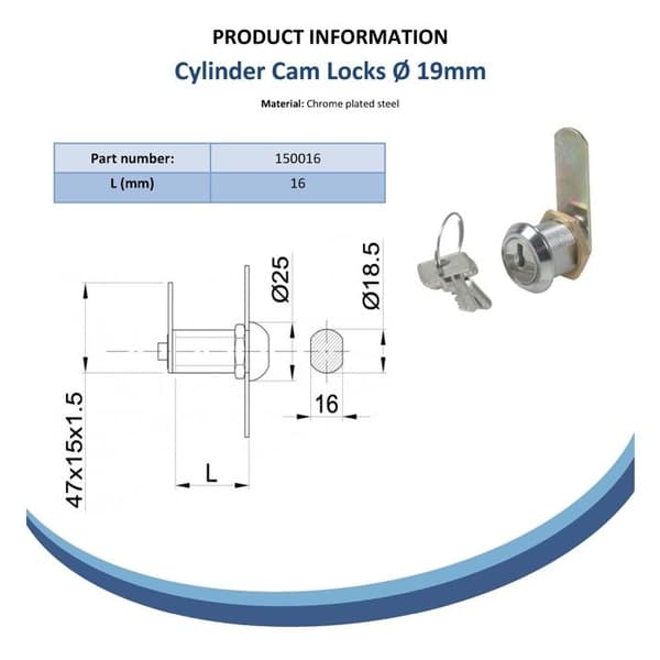 Cylinder cam lock - IBFM - 30 mm - Chrome - Keyed - Security level 3 Krom