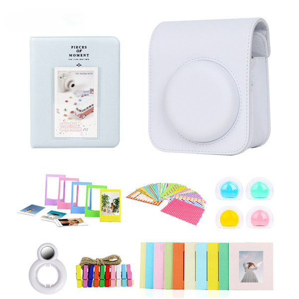 7-delt læder kamerataske til Fujifilm Instax Mini 12 etui, 64 lommer beskyttende etui med fotoramme, selfie-spejl, linsefiltre 7in1 White