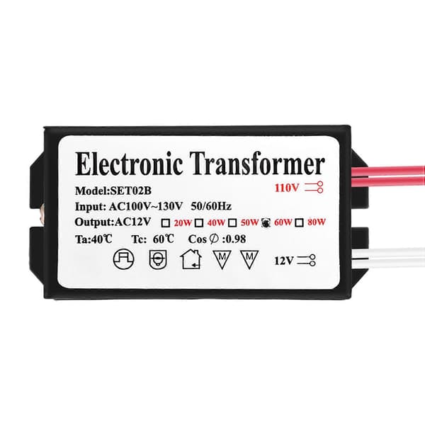 110V til 12V 60W Halogen Lys Strømforsyning Konverter Elektronisk Transformer Sort