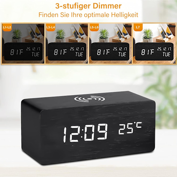 Digital vekkerklokke med trådløs lader LED skrivebordsklokke Temp Display, svart - svart