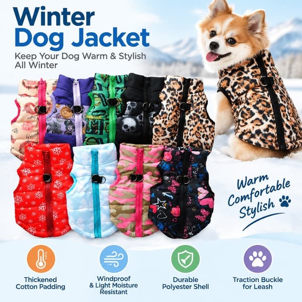 Vinterhundejakke, foret bomuldsjakke, polyester, trækkrog, XS-XL, kaffe leopard Brown S 52g Bone