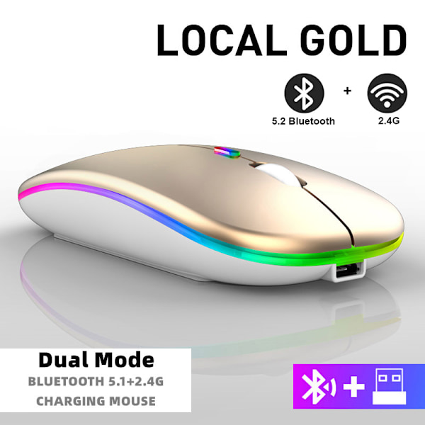 Uppladdningsbar trådlös mus Bluetooth 2,4 GHz USB RGB 1600DPI för dator laptop surfplatta PC Macbook gamingmus Gold