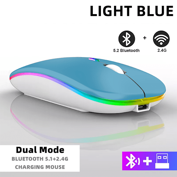 Uppladdningsbar trådlös mus Bluetooth 2,4 GHz USB RGB 1600DPI för dator laptop surfplatta PC Macbook gamingmus light blue