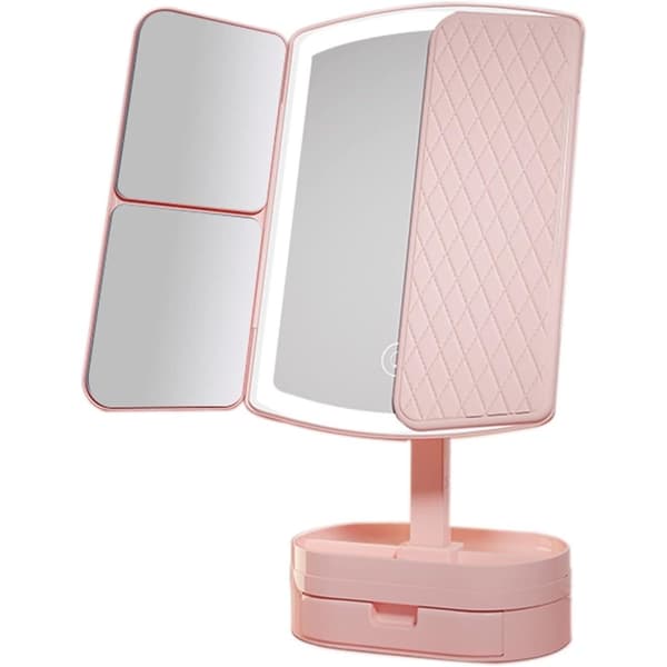 Makeup Spejl med Lys og 1X 2X 3X Forstørrelsesglas Pink
