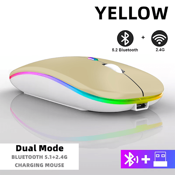 Uppladdningsbar trådlös mus Bluetooth 2.4GHz USB RGB 1600DPI för dator laptop surfplatta PC Macbook gamingmus yellow