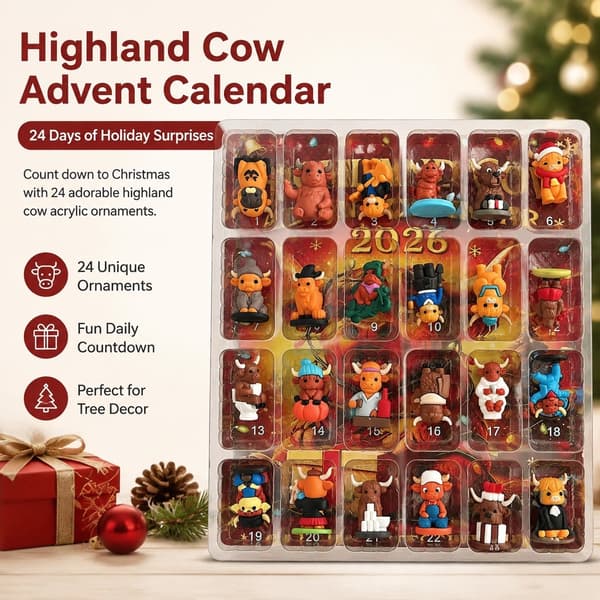 Julkalender Blind Box, Akrylprydnad, Highland Ko-serie, Träddekoration 3D
