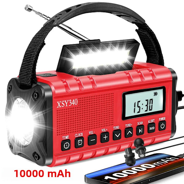 Radioer, SOS, 3 moduser, leselampe, bærbar nødradio med leselys og 10000mAh oppladbart batteri, vannbestandig AM/FM/SW/NOAA Red