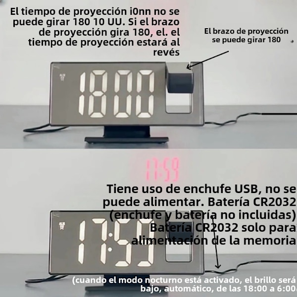 Digital vekkerklokke med tid- og temperaturprojeksjon 180° LED-projeksjonsbordklokke med moderne USB-snooze 12/24H Multicolored