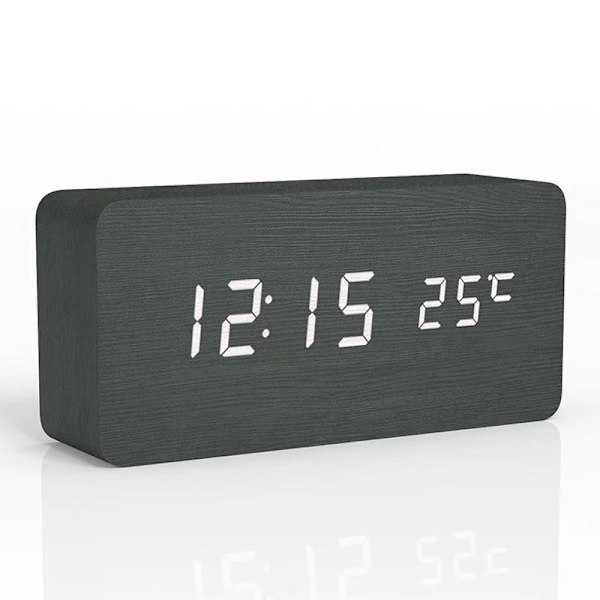 Digitalt Vækkeur med LED-display og Temperatur, Træbordur til Soveværelse, Kontor, Rejse, Indretning Black
