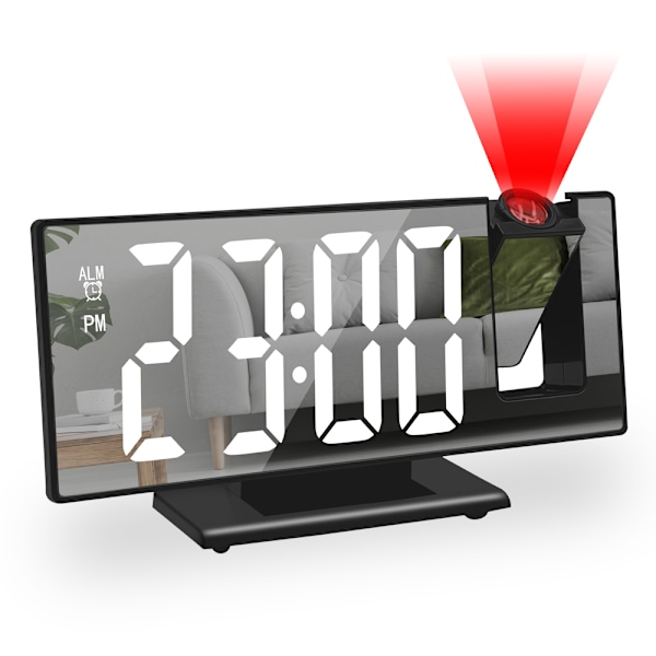 Digitaalinen herätyskello, jossa on aika- ja lämpötilaprojektio, 180° LED-projektio pöytäkello modernilla USB-torkkutoiminnolla 12/24H BW