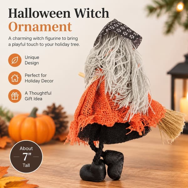 Halloween-heksepynt med kost, heksedukke med forkle som samleobjekt til juletrepynt Orange