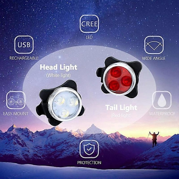 USB Uppladdningsbart Cykelljus Set Framlampa (Vitt Ljus) & Baklampa (LED Rött Ljus) för Landsvägscykel