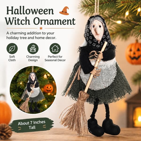 Halloween-heksepynt med kost, heksefigur med forkle, juletrepynt, samleobjekt Green