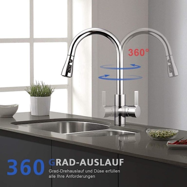 Uttrekkbart kjøkkenarmatur med 3 moduser 360° svingbar Maple rustfritt stål