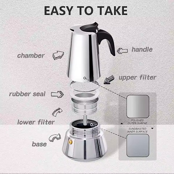 Maple Kaffetrakter i rustfritt stål for hjemmet - Moka, Espresso, Percolator, Latte-servering 6 Cups