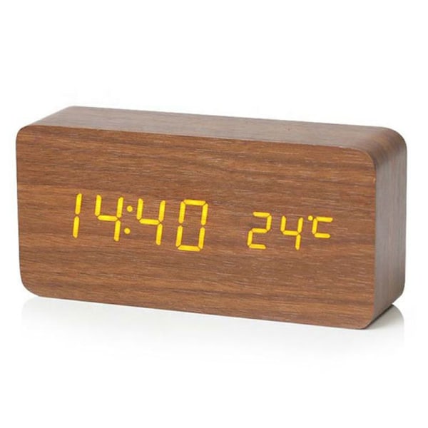 Digitalt Vækkeur med LED-display og Temperatur, Træbordur til Soveværelse, Kontor, Rejse, Indretning BROWN