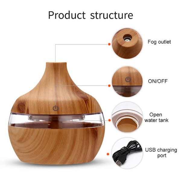 Eterisk oljediffuser, 300 ml oljediffuser med 4 tidsinnstillinger, aromaterapidiffuser med automatisk avslåing, kjølig tåkefunksjon
